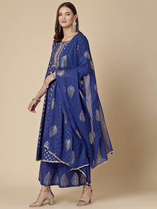 Ensemble Kurta pour femmes, tendance, bleu uni, 100% coton, broderie, avec pantalon palazzo et dupatta, tenue élégante décontractée - Product Image 4
