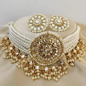 Conjunto de Collar Elegante con Baño de Oro, Kundan y Perlas con Piedra Rosa para Bodas y Fiestas, Joyería para Mujer - Product Image 3