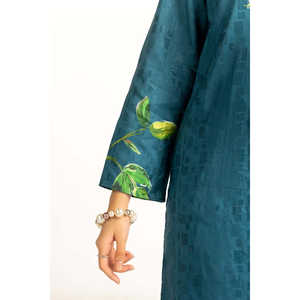 Ensemble coordonné imprimé jacquard en viscose vert sarcelle pour femme, collection printemps/été, taille XS, col ras du cou, tenue deux pièces trois-quarts en crêpe - Product Image 1