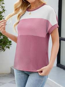 Femmes Anti-Pilling Écologique À Manches Courtes Col Ras Du Cou Hauts Tricotés Bloc De Couleur Mode Printemps Été Casual Lâche T-Shirts - Product Image 3