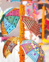Payung pantai klasik, payung motif blok India, payung matahari, desain unik, payung dekorasi luar ruangan, payung motif blok tangan