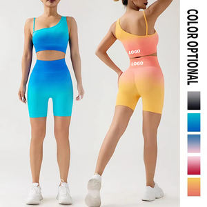 Sujetador con diseño de logotipo personalizado, ropa deportiva sin costuras para mujer, Sujetador deportivo con hombros asimétricos personalizado + conjunto de yoga con pantalones cortos - Product Image 1