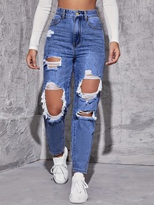 2025 élégant pantalon en denim lavé en détresse pour femmes de haute qualité 100% coton Design personnalisable avec décorations en nœud et dentelle - Product Image 6
