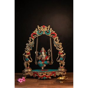 Handmade Brass Ganesha Statue on <b>Swing</b> Jhoola Luxury Traditional Shabby Chic Art for Home & Office Decor for Diwali - Product Image 1