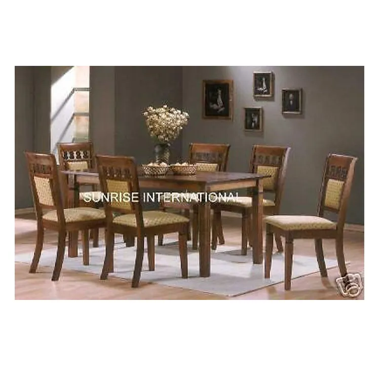 Dining Room Furniture - Top Quality Hot Selling Elegant Design Sheesham Wood 1 Table & 6 Cushion Chairs Dining Set