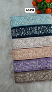 Custom made floral designed on net base <b>fabric</b> embroidered laces in blue colour for wedding dresses and for reselling purposes. - Product Image 5