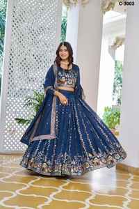 Nouvelle collection de mariage Lehenga Choli en tissu pur Vichitra avec broderie et travail de séquence avec broderie au fil Lehenga Choli - Product Image 3