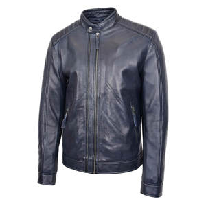 Chaqueta de motorista de cuero genuino azul de estilo informal clásico para hombre, chaqueta de cuero de motorista Real ajustada de manga larga con cuello levantado y cremallera frontal - Product Image 4