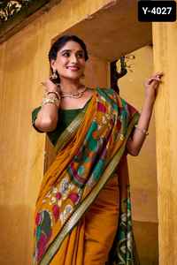 Ropa tradicional india Poliéster Viscosa Chanderi Sari y piezas de Blusa con estampado Kalamkari para bodas y festivales - Product Image 2