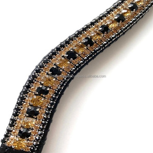 Bracelet de luxe en cuir à double chaîne de cristaux dorés et noirs, 5 lignes, boucle cousue de 18mm, en cuir grain noir, de haute qualité - Product Image 5