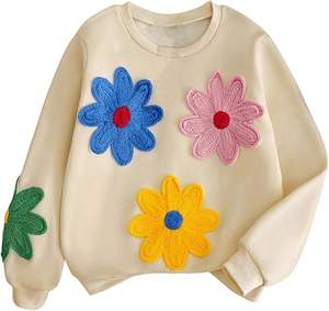 Sudadera de Manga Larga con Cuello Redondo y Parches de Flores para Niña, Bonitos Pullovers - Product Image 1