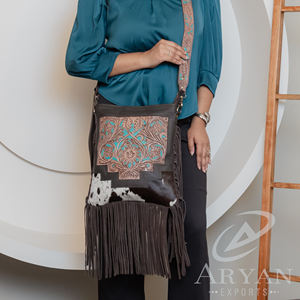 Nueva llegada occidental real hecho a mano pelo en piel Tooled cuero flecos Sling Bag mujeres elegantes ocultas llevar Casual bandolera - Product Image 1