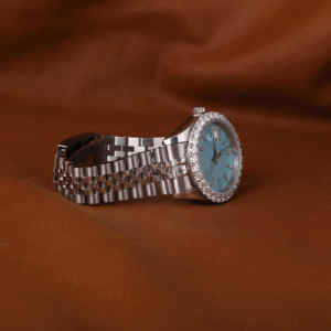 Reloj de Pulsera de Lujo con Bisel de Acero Inoxidable de Primera Calidad, Movimiento de Cuarzo, Esfera de Cristal, Oro Amarillo, Azul Claro, Diamante Moissanita - Product Image 4