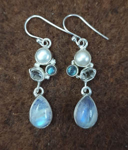 100% naturel arc-en-ciel pierre de lune poire perle herkimer diamant pierre précieuse 925 argent concepteur balancent 4.6 cm boucle d'oreille 7.29 gms bijoux - Product Image 5