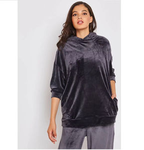 Sudadera con capucha de terciopelo 100% seda para hombre, bordada a medida, estilo urbano, cuello alto, dos bolsillos delanteros, suministro OEM, técnica de lavado. - Product Image 1