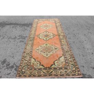 Vintage naranja verde alfombra turca 4,4 X 10.5ft clásico área grande rectángulo Patchwork diseño lana látex respetuoso con el medio pelo - Product Image 1
