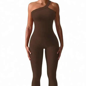 Combinaison de yoga côtelée pour femme, combinaison moulante à haute élasticité, combinaison sans manches à col en U pour le sport et les vêtements de rue pour une activité intense - Product Image 1