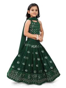 Shoryam Fashion Robe Lehenga Choli pour Filles et Enfants, longueur ras du sol, entièrement cousue, style traditionnel indien, avec broderie miroir verte, pour mariage et cérémonie - Product Image 4