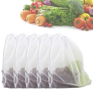 野菜や果物用のドローストリングネットバッグ付きのプレミアム再利用可能な環境にやさしいメッシュプロデュースバッグポリエステルナイロン
