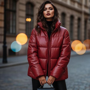 Blouson matelassé en cuir de mouton tissé respirant teint de qualité supérieure avec col en fourrure, écologique, imperméable et réversible pour usage urbain - Product Image 4