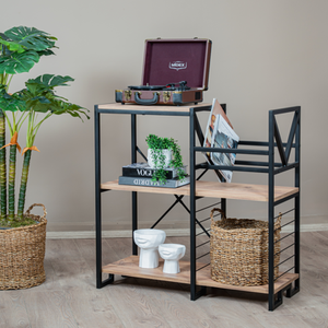 Support pour tourne-disque de style industriel avec étagères de rangement, structure en bois et métal, décoration multifonctionnelle pour salon - Product Image 2