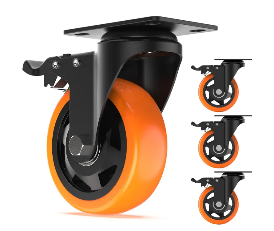 Huarui 4 Inch PVC Heavy Duty Casters with Brake Double Ball Bearings Swivel Caster Wheels for Furniture, Workbench