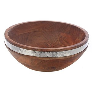 ชามเสิร์ฟทำจากไม้อะคาเซียทรงกลมพร้อมโลหะสีเงินขัดเงาดีไซน์แถบชุบ - Product Image 1