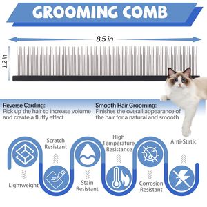 8.5 inch nâng cấp lược mèo chuyên nghiệp màu đen, lược chải lông thú cưng hai răng chống tĩnh điện góc tròn mịn chống ma sát - Product Image 2