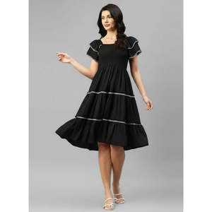 Deebaco Women's Solid Black Boho Midi Dress A-Line Square Neck Sleeveless Ruffles <b>Elastic</b> Waist Casual Summer Western Wear <b>Lace</b> - Product Image 5