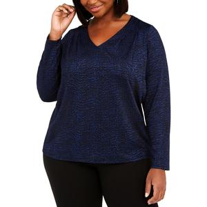 Top plissettato stampato Michael Kors da donna, taglie forti XXL, in chiffon blu, con collo alto e decorazioni a bottoni, stile western, corto - Product Image 1