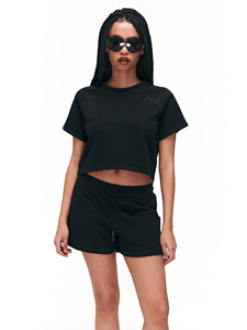 Women's Black Crop <b>Top</b> <b>Raglan</b> Sleeve Oversized Cropped T Shirt 100% Cotton French Terry Streetwear Y2K Fashion Tee Wholesale - Product Image 2
