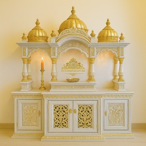 Templo blanco y dorado de gran tamaño con gabinetes de almacenamiento Mandir de aspecto de mármol de madera de teca duradera de alta calidad para la decoración de muebles del hogar - Product Image 2