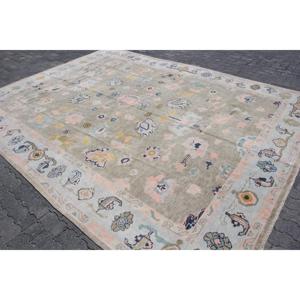 พรมวินเทจตุรกีขนาด 9.3x12.3 ฟุต พรมขนาดใหญ่ พรมขนสัตว์สีเทา-น้ำเงินลายแบบนามธรรม - Product Image 2