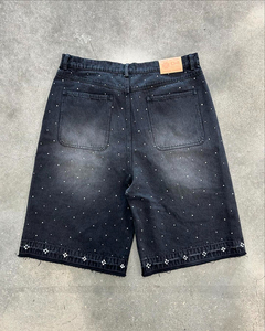 Custom Vintage Acid Wash Solid Rhinestone Casual Straight Leg Baggy Men Denim 100% Cotton Quick Dry <b>Mid</b> Waist Black Shorts - Product Image 2