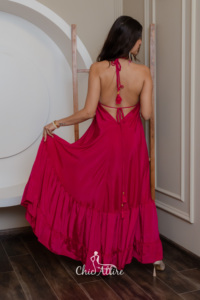 ใหม่โบฮีเมียนคอ V ลึกสีชมพูแบบโบฮีเมียนเชือกผูกหลังแบบผูกกับพู่ชุดราตรี Maxi ชุดเดรสผ้าไหมนุ่มฟูสำหรับผู้หญิงใส่ไปงานปาร์ตี้ - Product Image 6