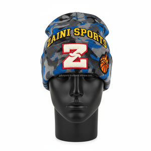 Gorro de calidad 320 GSM para mujer, gorro de punto azul y gris de camuflaje, gorro de invierno cálido, gorro de invierno bordado con logotipo personalizado, gorros Jacquard - Product Image 1