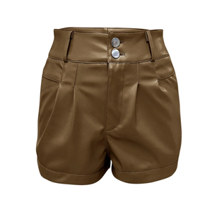 Shorts en cuir PU taille haute pour femmes, couleur unie, boutonnage frontal, style décontracté, marron, coupe régulière - Product Image 1