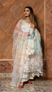 Ensemble robe décontractée en coton blanc HOLI avec dupatta en organza pour adultes, coupe respirante, silhouette évasée, taille naturelle, ajouré - Product Image 6