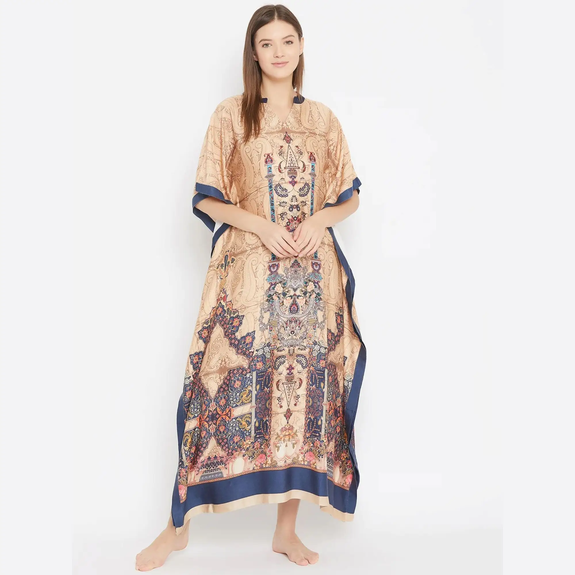 Slim Fit Viskose Rayon V-Ausschnitt Kurze verlängerte Ärmel Regal Paisleys Bedruckt Beige Maxi Kaftan