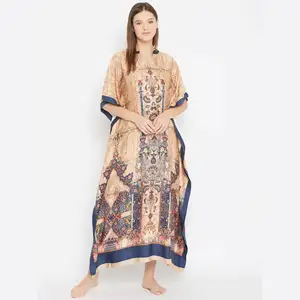 Slim Fit Viscosa Rayón Cuello en V Mangas Cortas Extendidas Regal Paisleys Impreso Beige Maxi Kaftan