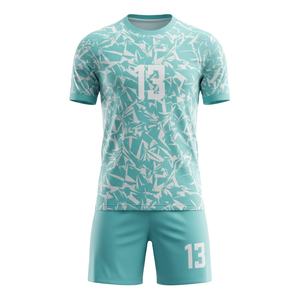Ensemble de maillot de football pour homme personnalisé avec sublimation, motif abstrait bleu turquoise et blanc, numéro 13, respirant, uniforme d'entraînement pour équipe de football - Product Image 1