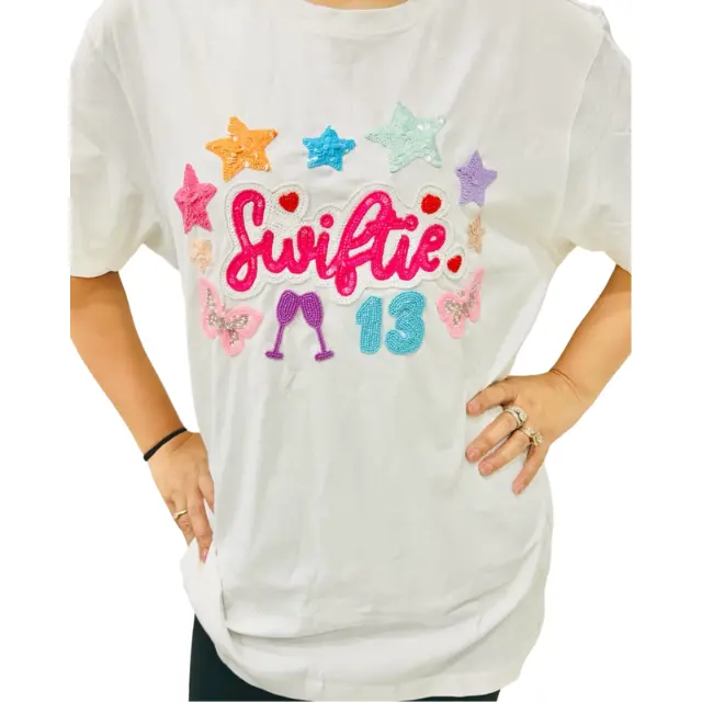 Venta al por mayor de verano de las mujeres de gran tamaño de manga corta Camiseta Swiftie inspirado camisetas para las mujeres parches de lentejuelas listas para usar camisetas