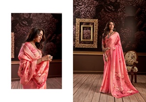 Rajpath Pure Hand loom Silk avec une incroyable bordure à rayures numériques florales et saris - Product Image 6