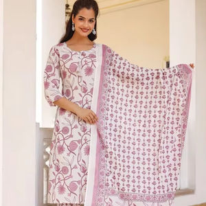 women ethnic Floral Printed Keyhole Neck Pure Cotton Kurta With <b>Trousers</b> & Dupatta indian pakistani salwaar kameez <b>suit</b> - Product Image 1