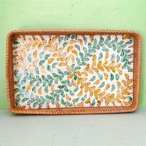 Wholesale Vietnam Natural Set Rectangle Handwoven Mother Pearl Inlay Rattan Serving Tray Decorative Tea tray <b>Cocktail</b> <b>table</b> tray - Product Image 3