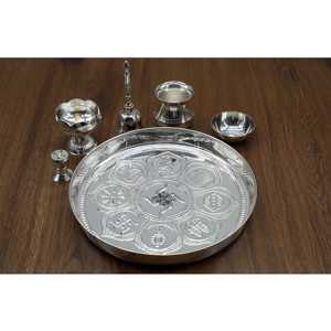 Juego de Thali para Puja Plateado en Plata de Ley de 20 cm con Acabado Brillante, Decoración y Accesorio para Mesa - Product Image 4