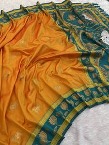 Sari en soie douce bleu royal élégant avec pallu en peau de vache Nandi, bordure de fleurs de lotus, travail de tissage Zari, sari pour femmes - Product Image 3