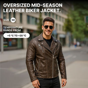 Blouson de motard en cuir marron surdimensionné pour homme, veste zippée décontractée style streetwear pour le printemps et l'automne - Product Image 1