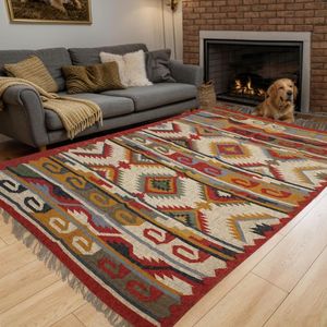 Tapis Kilim en Laine Fait à la Main, Motif Géométrique Brodé, Maison, Hôtel, Style Boho, Salon Extérieur - Product Image 3