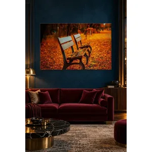 Fida Deux bancs dans un parc recouvert de feuilles, impression sur toile - Product Image 3